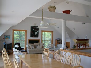 Top floor open plan: kitchen, living room & dining room.  Fireplace not usable

