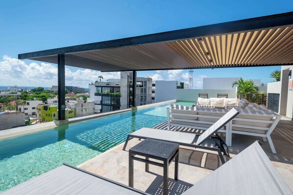 There's a shaded lounge area on the rooftop