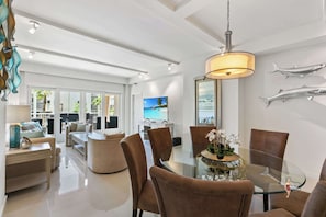 A round conversation-style dining table for meals together