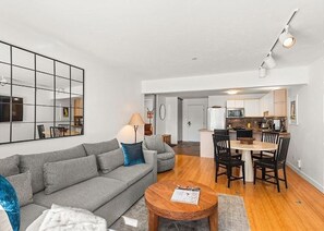 Fireplace and open living area