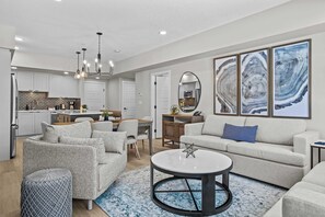 Cozy living room with sofa bed included as extra sleep space