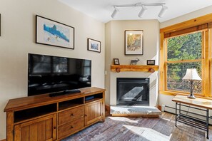 Living area featuring a flat-screen TV, gas fireplace, and full sleeper sofa.