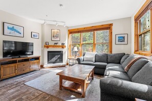 Living area featuring a flat-screen TV, gas fireplace, and full sleeper sofa.