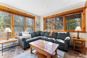 Living area featuring a flat-screen TV, gas fireplace, and full sleeper sofa.