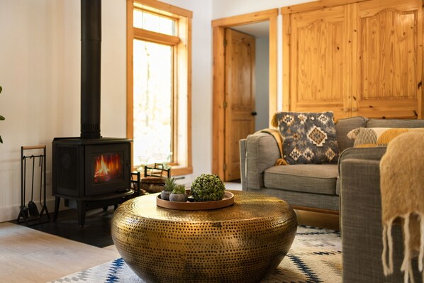 View of the living room and fireplace