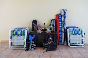 Enjoy 7 beach chairs, life vests, snorkel gear, umbrellas, and a beach cart.