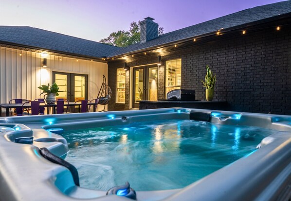 Soak your cares away in this luxurious hot tub, the perfect place to unwind and relax under the stars after a full day of adventures.