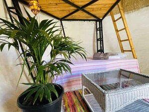 Ground floor bed in the Casa Caracol dome house at Finca Oaxaca.