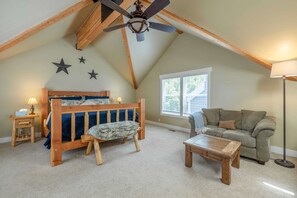 Bedroom 1: King bed, dedicated workspace, 40” TV w/cable, closet, en-suite bath, upper floor 
