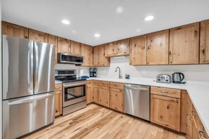 Kitchen: Well-equipped kitchen, updated appliances, drip coffee maker, Crockpot, blender, waffle maker, ample counter and cabinet space 
