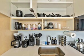 Coffee, creamer, sugar and laundry pods provided for your stay!