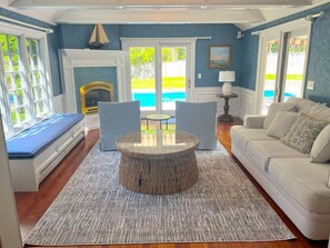 The blue room overlooking the pool area