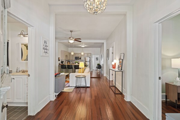 View from the front entrance into the living room 
