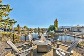 Views of the Tahoe Key and the home&#39;s boat dock from the backyard