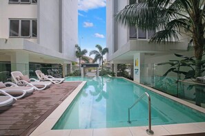 The building offers several shared areas including a generous pool complete with sun loungers where you can dry off after a dip. 