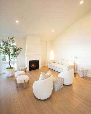 CB2 couch that turns into a queen bed, marble side tables, indoor fireplace