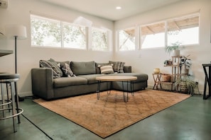 Comfortable couch and extra bed.