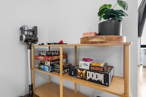 Behind the soccer table, you'll find a great selection of board and card games, ready for hours of fun with family or friends.