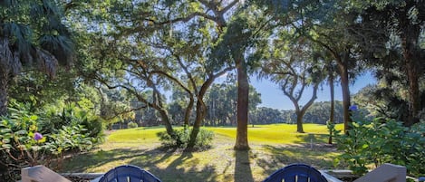 The deck overlooks the eighth hole of the Cougar Point golf course.