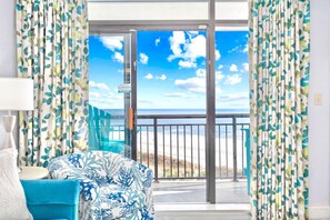 Greet the day to sunrise over the ocean from this oceanfront balcony.  The unique positioning of this tower ensure guest enjoy amazing sunrises while also getting the gorgeous views of the Ocean, Beach, and Tropically Themes Resort Pools.