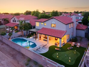 Sparkling pool, sun loungers, BBQ, cornhole, and outdoor patio furniture. *Katch a Kid pool net system available on request.