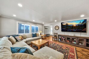 Lots of seating for movie night on the 85in TV with Sonos sound bar