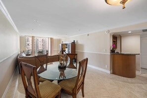 Dine in comfort at the table, which seats four