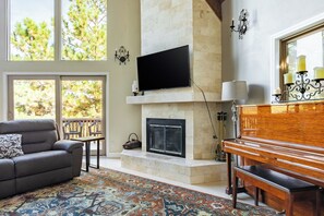 Grand fireplace in the living area.