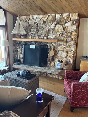 Large, wood burning fireplace