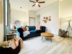 Spacious living room with vaulted ceilings