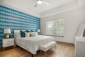 A soothing combination of white, teal, and gold tones, creating a clean yet vibrant aesthetic.