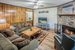 Relax by the warm stone fireplace after a day on the slopes or exploring.