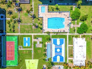 Large and small pools, tennis and basketball courts, and beach access!