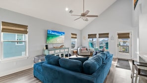 Cozy living area with large windows.