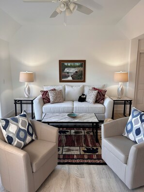 All new furniture .  Garage door to the right of sofa table! All on one level!