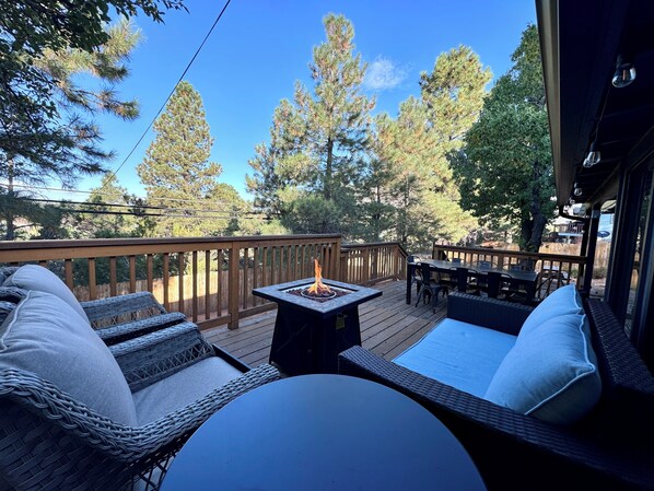 Propane powered fire pit on the deck