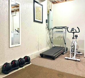 Workout area w/ treadmill, bike & adjustable dumbbells