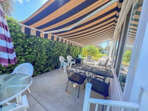 Private outside patio with electronic awning