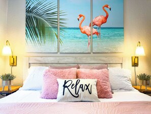 The "Flamingo" room with a king-sized bed