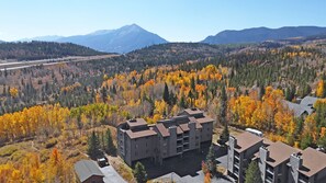 Aerial view of fall Aspen color change with majestic mountains at BUFFALO MOUNTAIN VIEW Condo in Silverthorne, CO!