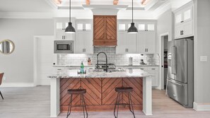 Indoors, Kitchen, Kitchen Island, Refrigerator, Microwave