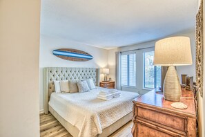 Bedroom #2- Queen luxury bedding and regal furnishings, complete with a large flat screen tv
