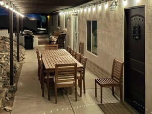 Relax in the evening with the cafe lights on the patio