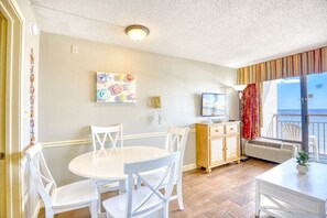 This beautiful Dining Area with Ocean View is a great place for family dining or reconnecting with the ones you love over family game night activities.  Spoil yourself and your loved one with a retreat to this Myrtle Beach sweet spot.