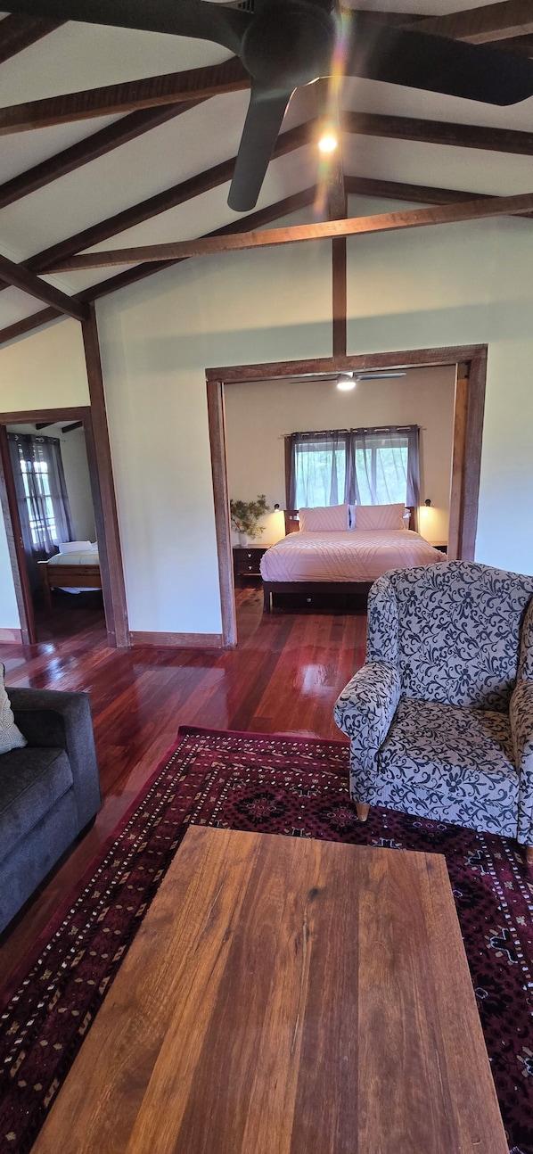 The master bedroom has large barn doors for you to slide close for privacy
