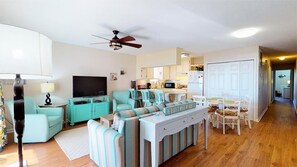 View of Living Area, Dining, and Kitchen