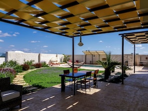 Plant, Property, Sky, Table, Shade, Building, Interior Design, Architecture, Outdoor Furniture, Outdoor Table