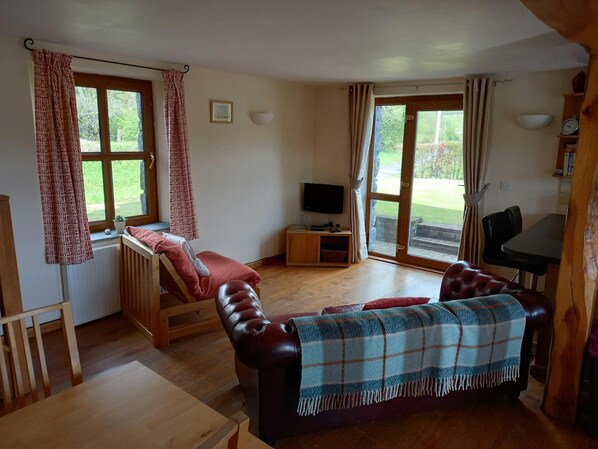 Sofa, chair, TV, tables and glass door