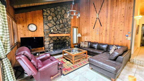 Cozy family room with wood fireplace