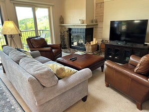 Wood burning fireplace in living room